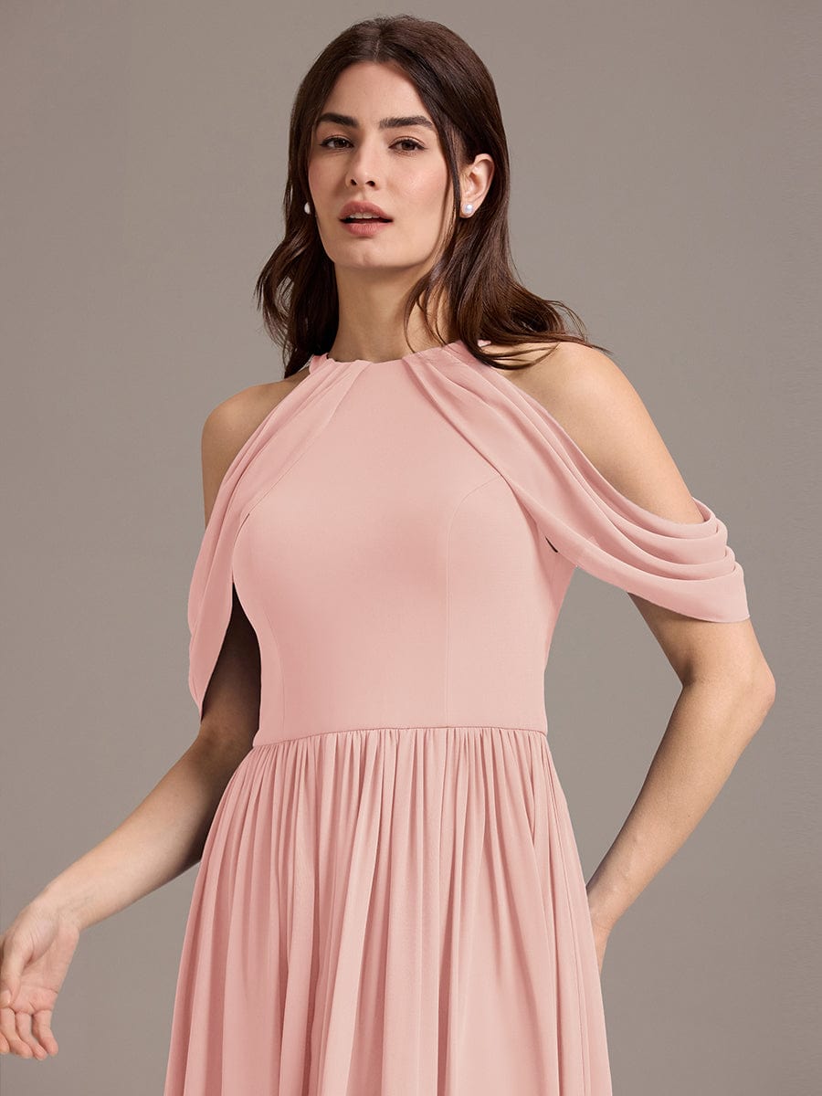 High Slit Cold Shoulder Halter Maxi Chiffon Bridesmaid Dress #color_Pink