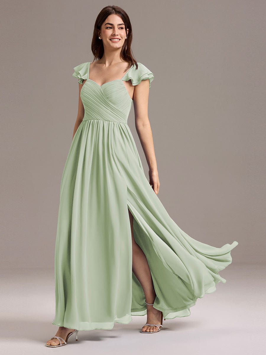 A-line Sweetheart Neck Chiffon Maxi Bridesmaid Dress With Ruffle #color_Mint Green