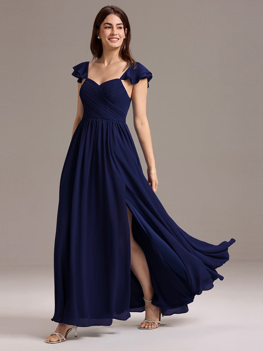 A-line Sweetheart Neck Chiffon Maxi Bridesmaid Dress With Ruffle #color_Navy Blue