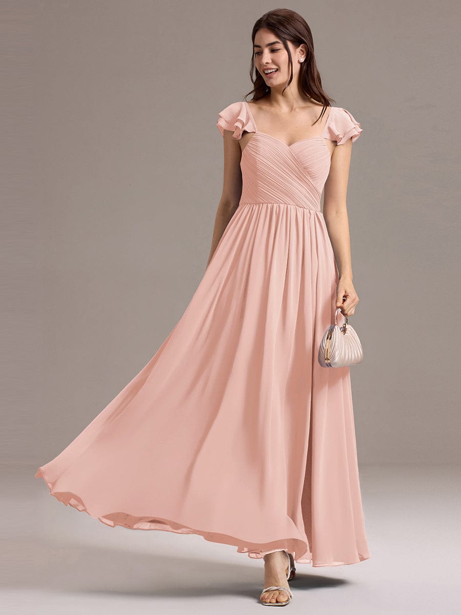 A-line Sweetheart Neck Chiffon Maxi Bridesmaid Dress With Ruffle #color_Pink