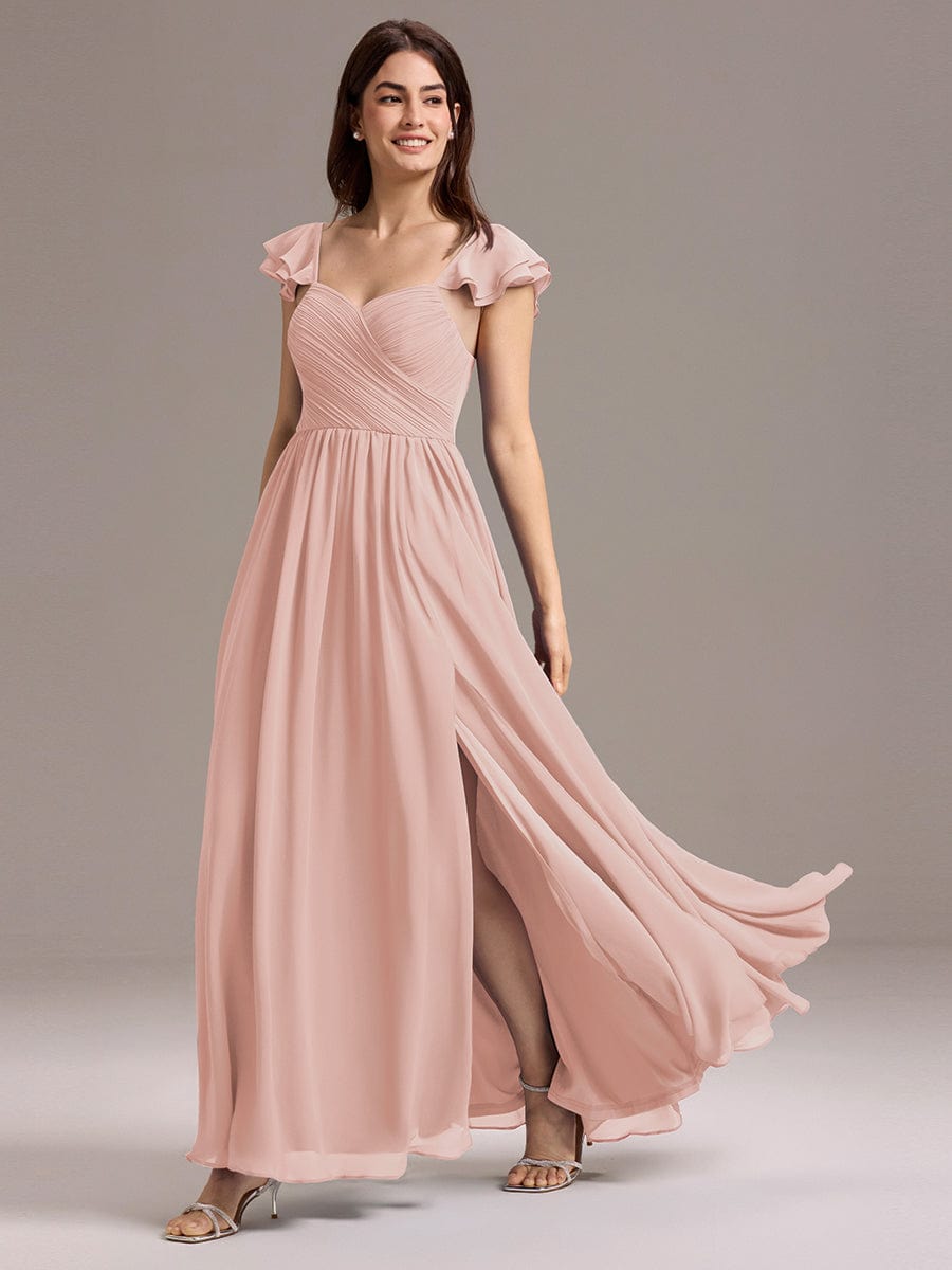 A-line Sweetheart Neck Chiffon Maxi Bridesmaid Dress With Ruffle #color_Pink