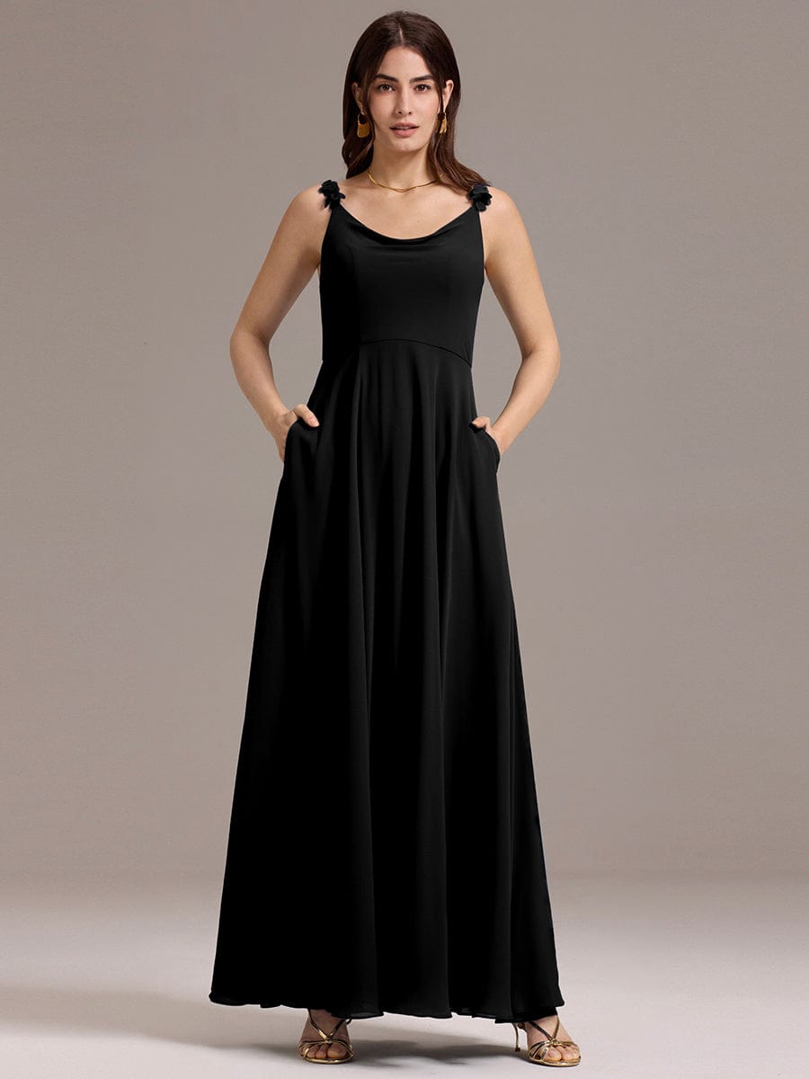 A-Line Cowl Flower Spaghetti Straps Maxi Bridesmaid Dress with Pockets #color_Black