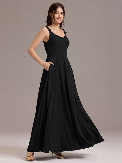 A-Line Cowl Flower Spaghetti Straps Maxi Bridesmaid Dress with Pockets #color_Black