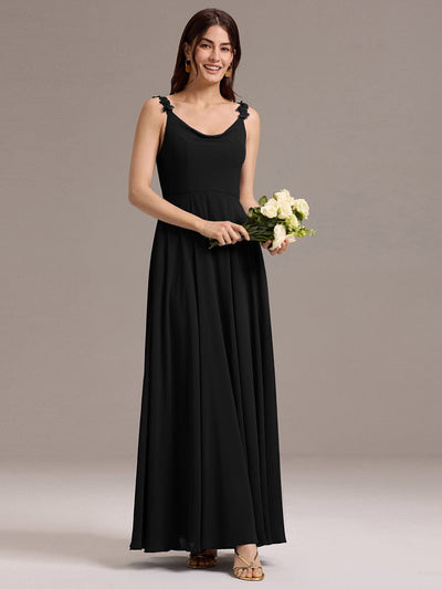 A-Line Cowl Flower Spaghetti Straps Maxi Bridesmaid Dress with Pockets #color_Black