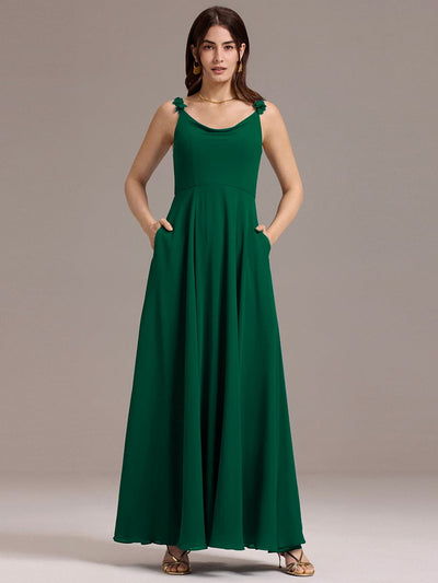 A-Line Cowl Flower Spaghetti Straps Maxi Bridesmaid Dress with Pockets #color_Dark Green
