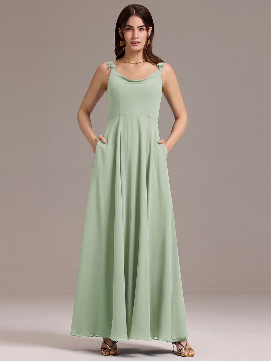 A-Line Cowl Flower Spaghetti Straps Maxi Bridesmaid Dress with Pockets #color_Mint Green