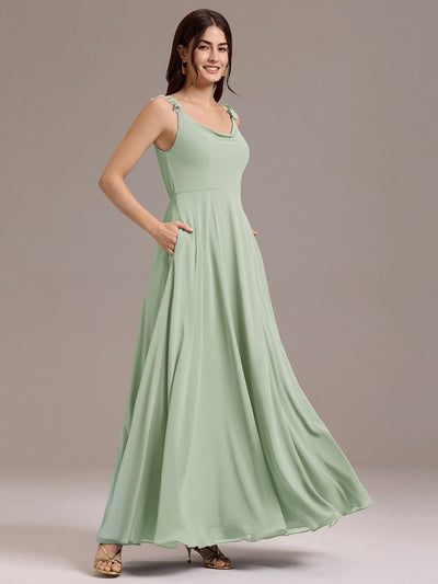 A-Line Cowl Flower Spaghetti Straps Maxi Bridesmaid Dress with Pockets #color_Mint Green