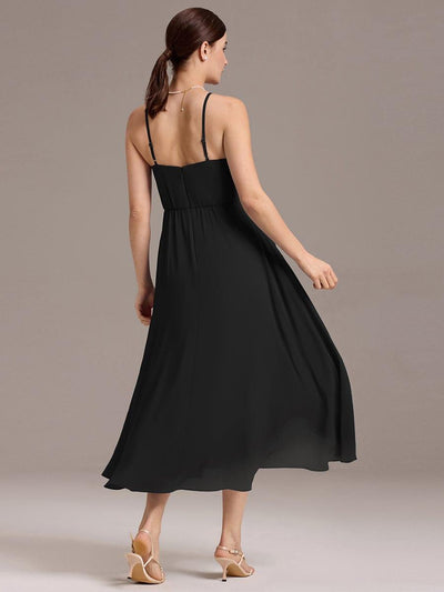 ever BELISSE|Spaghetti Strap Square Pleated High-Low Midi Bridesmaid Dress #color_Black