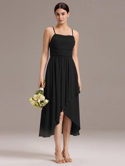 ever BELISSE|Spaghetti Strap Square Pleated High-Low Midi Bridesmaid Dress #color_Black