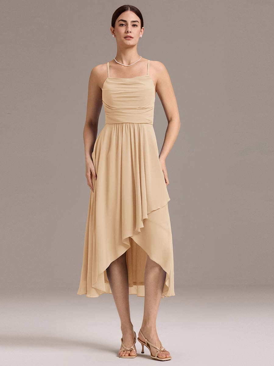 ever BELISSE|Spaghetti Strap Square Pleated High-Low Midi Bridesmaid Dress #color_Champagne