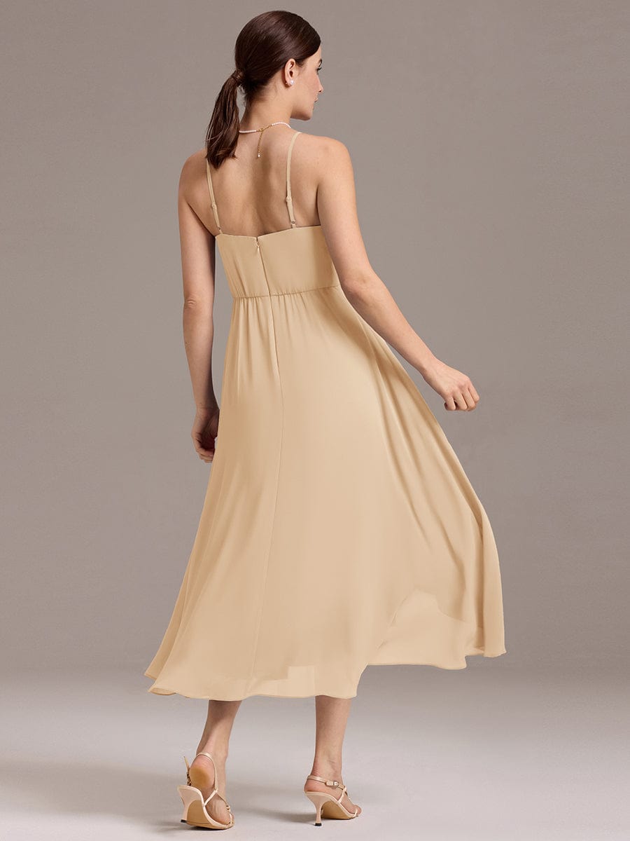 ever BELISSE|Spaghetti Strap Square Pleated High-Low Midi Bridesmaid Dress #color_Champagne