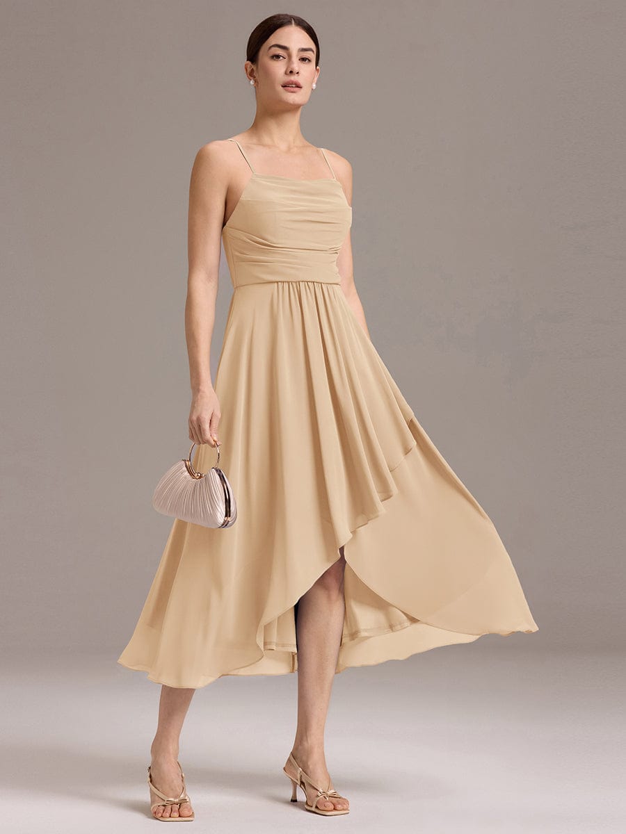 ever BELISSE|Spaghetti Strap Square Pleated High-Low Midi Bridesmaid Dress #color_Champagne