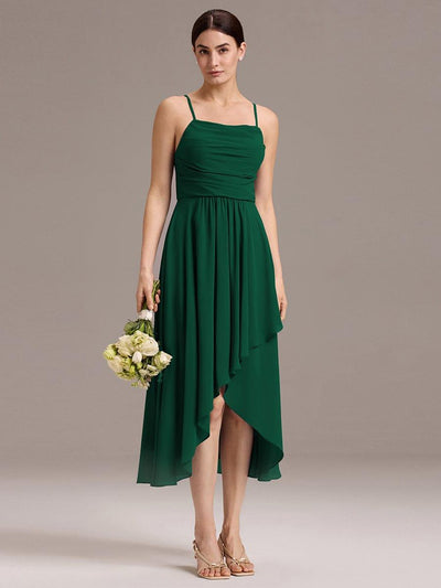 ever BELISSE|Spaghetti Strap Square Pleated High-Low Midi Bridesmaid Dress #color_Dark Green