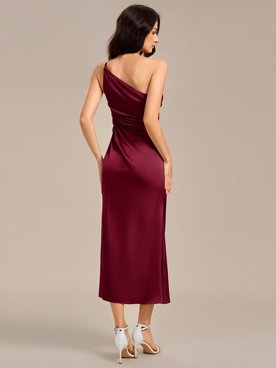 High Slit One Shoulder Mermaid Satin Bridesmaid Dress #color_Burgundy