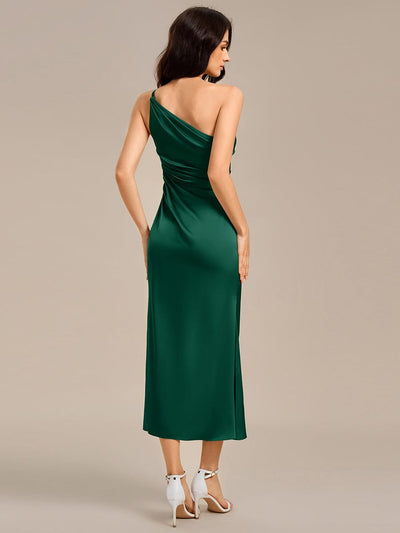 High Slit One Shoulder Mermaid Satin Bridesmaid Dress #color_Dark Green