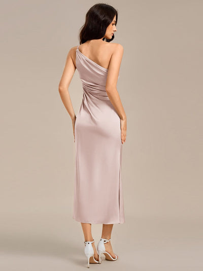 High Slit One Shoulder Mermaid Satin Bridesmaid Dress #color_Pink