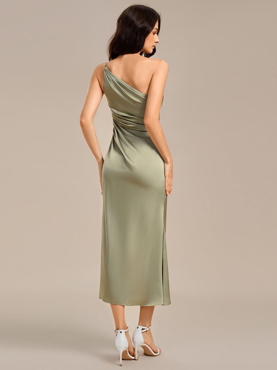 High Slit One Shoulder Mermaid Satin Bridesmaid Dress #color_Sage Green