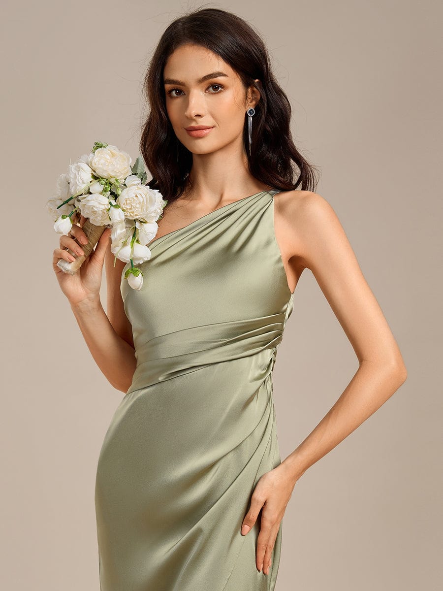 High Slit One Shoulder Mermaid Satin Bridesmaid Dress #color_Sage Green