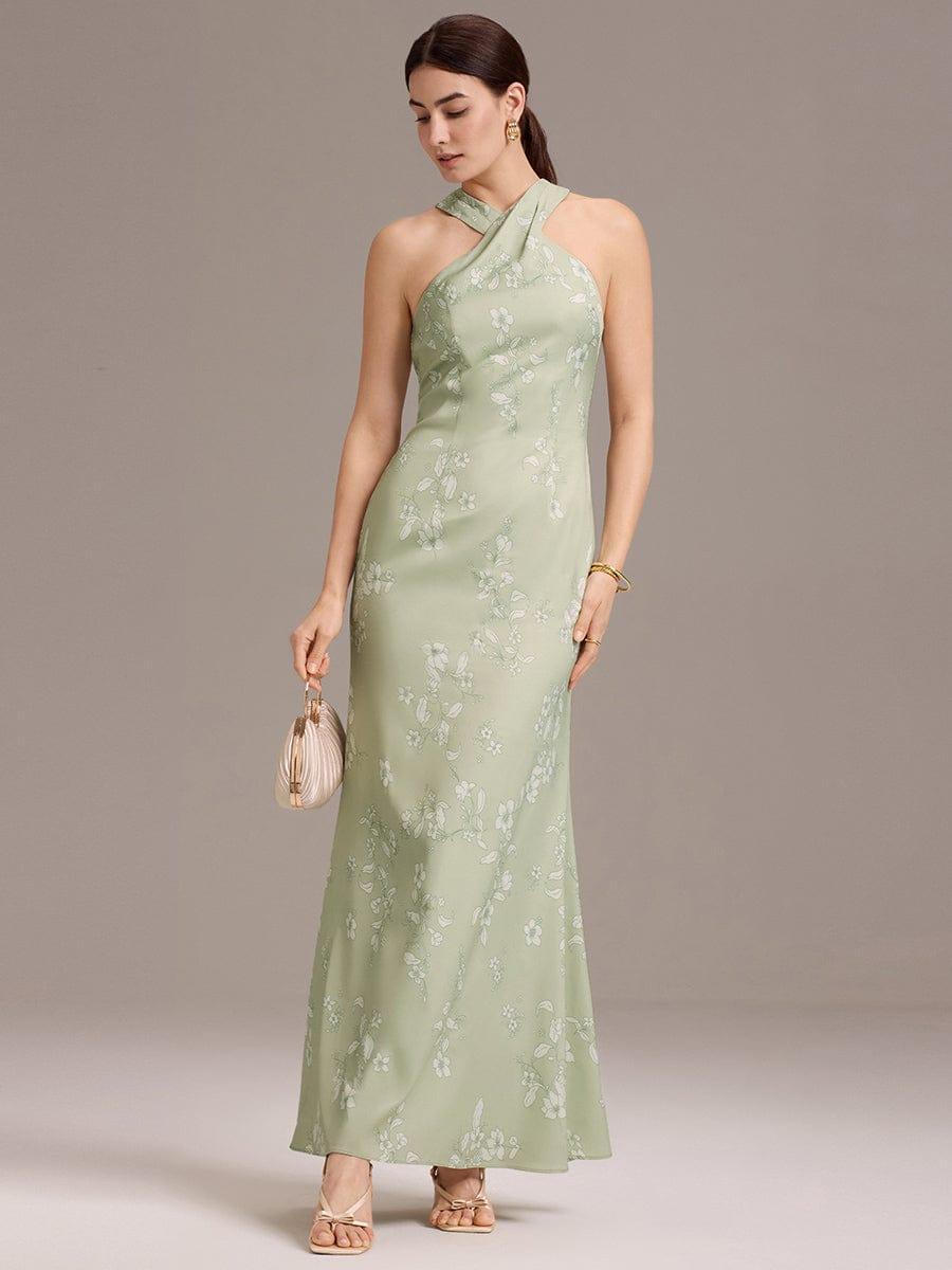 Floral Cross Halter Mermaid Self-Tie Bow Back Maxi Bridesmaid Dress #color_Vintage Primrose Celadon