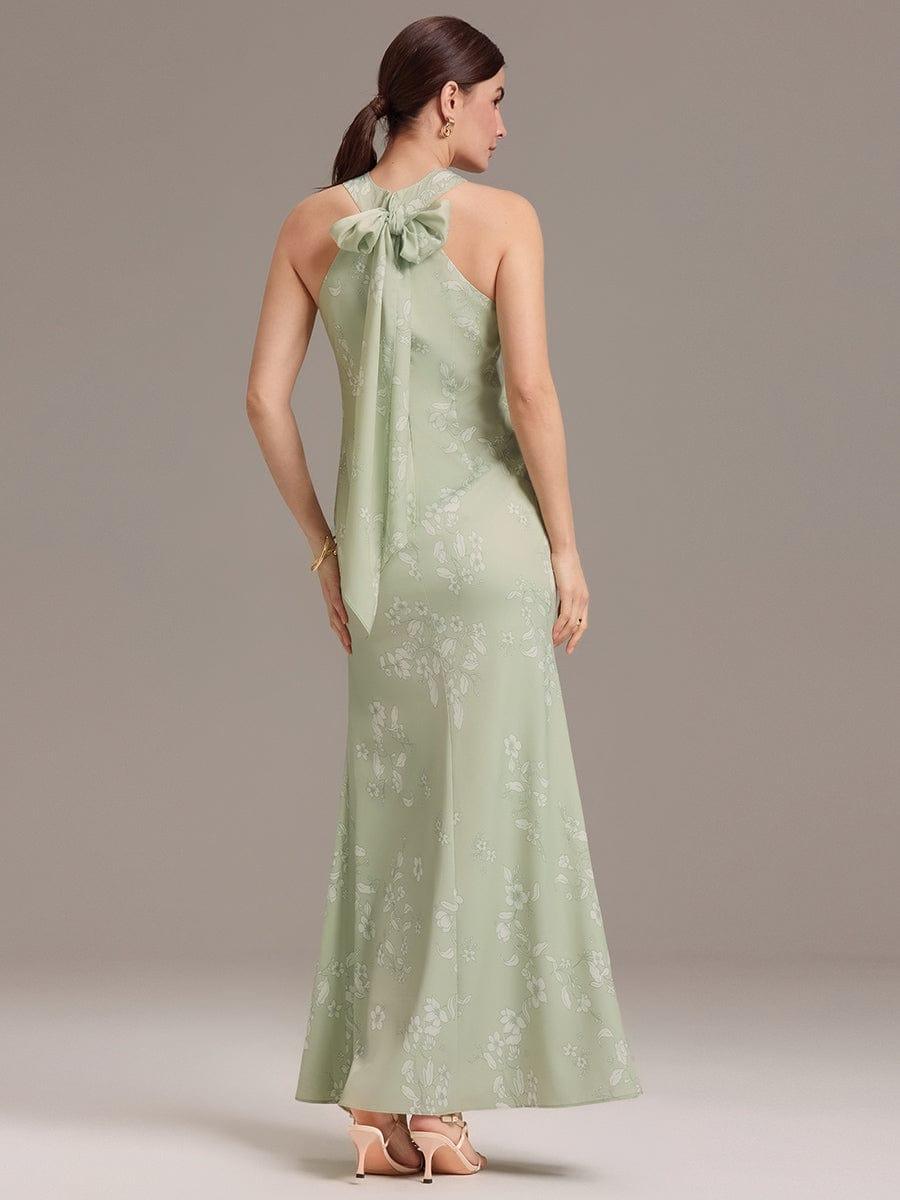 Floral Cross Halter Mermaid Self-Tie Bow Back Maxi Bridesmaid Dress #color_Vintage Primrose Celadon