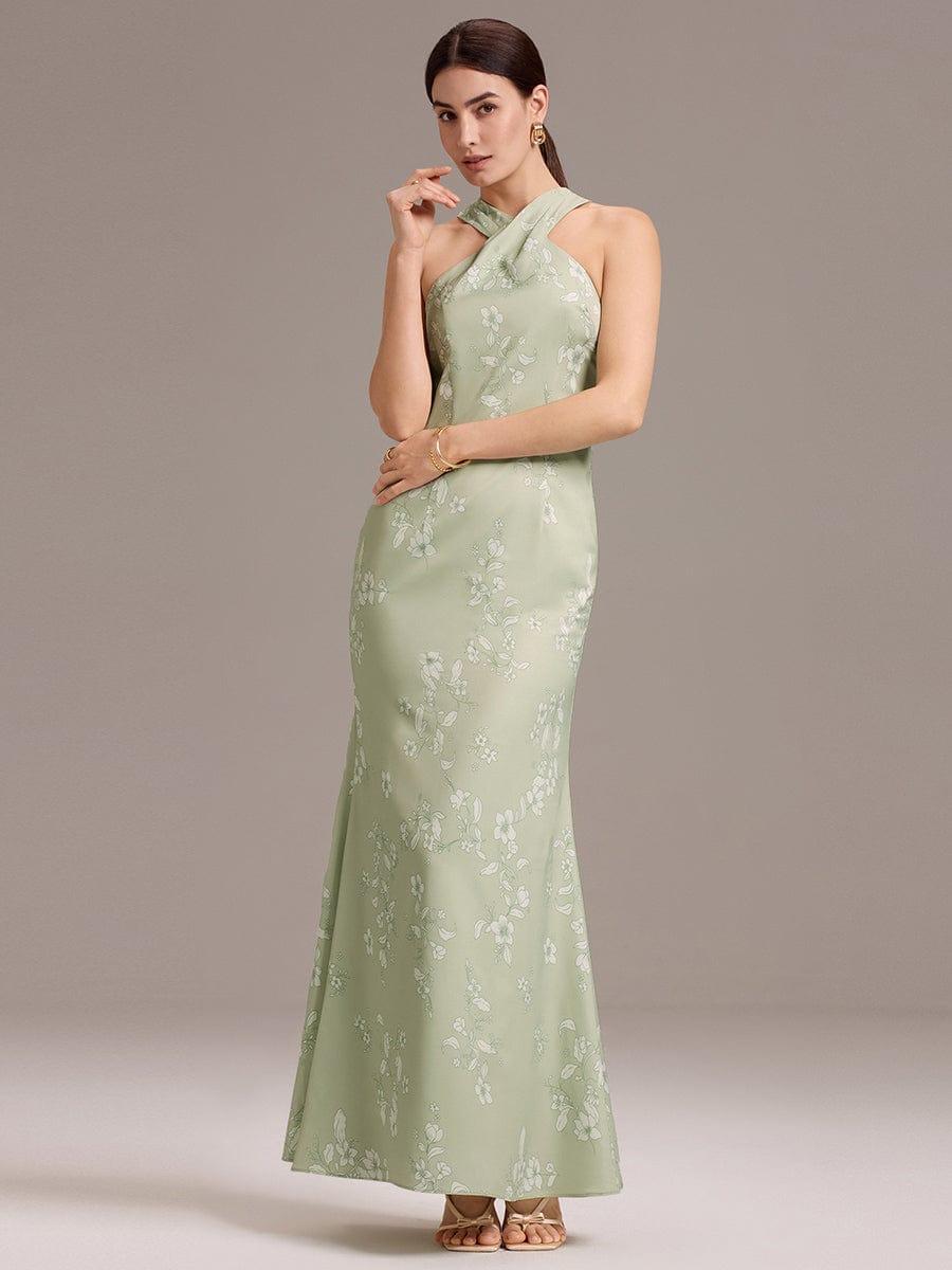 Floral Cross Halter Mermaid Self-Tie Bow Back Maxi Bridesmaid Dress #color_Vintage Primrose Celadon