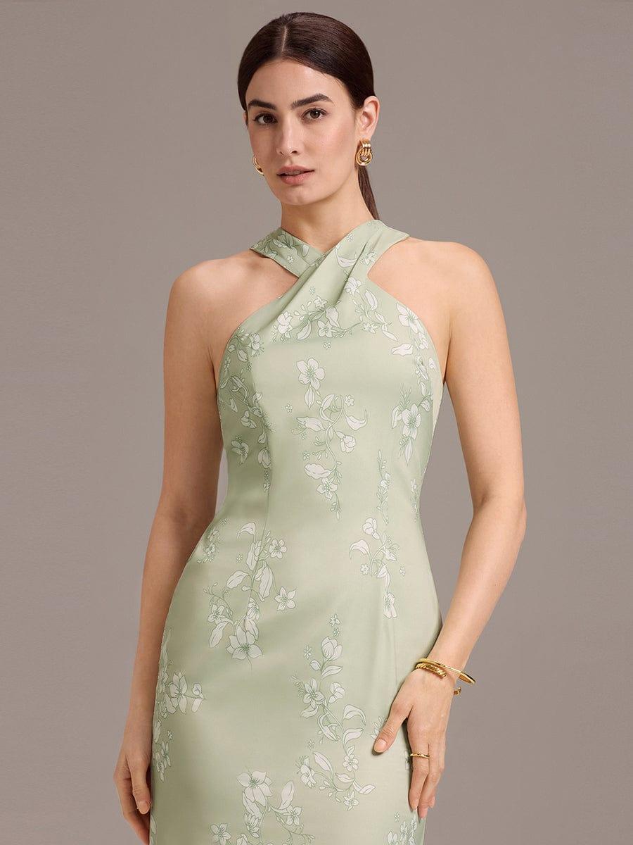 Floral Cross Halter Mermaid Self-Tie Bow Back Maxi Bridesmaid Dress #color_Vintage Primrose Celadon