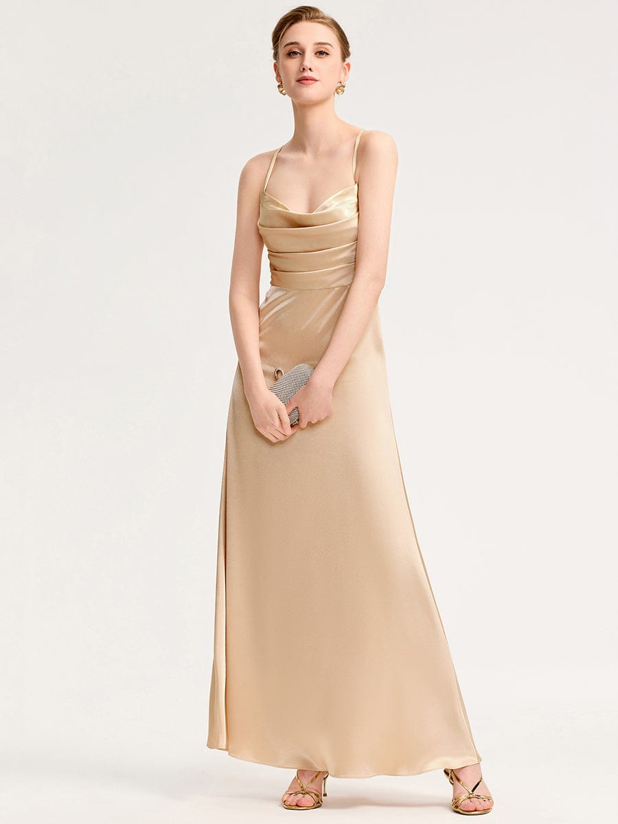 Cowl Pleated Satin Bridesmaid Dress #color_Champagne