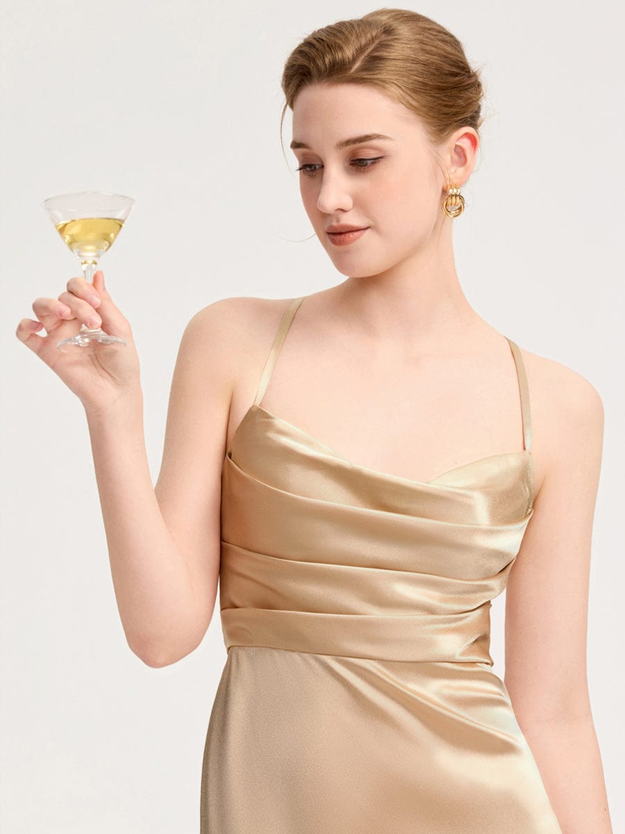 Cowl Pleated Satin Bridesmaid Dress #color_Champagne