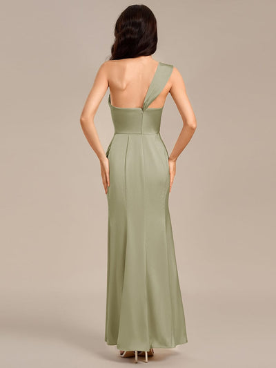 Sheath Off the Shoulder High Slit Mermaid Satin Bridesmaid Dress #color_Sage Green