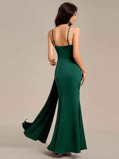 Spaghetti Straps Side Slit Mermaid Satin Evening Dress #color_Dark Green