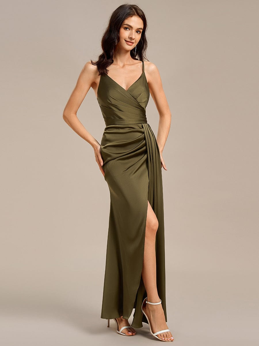 Spaghetti Straps Side Slit Mermaid Satin Bridesmaid Dress #color_Olive Green