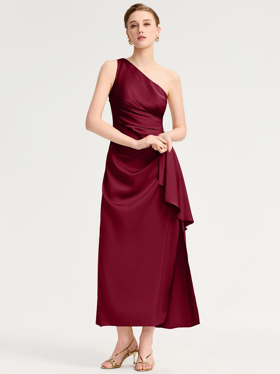 One Shoulder Ruched Satin Bridesmaid Dress #color_Burgundy