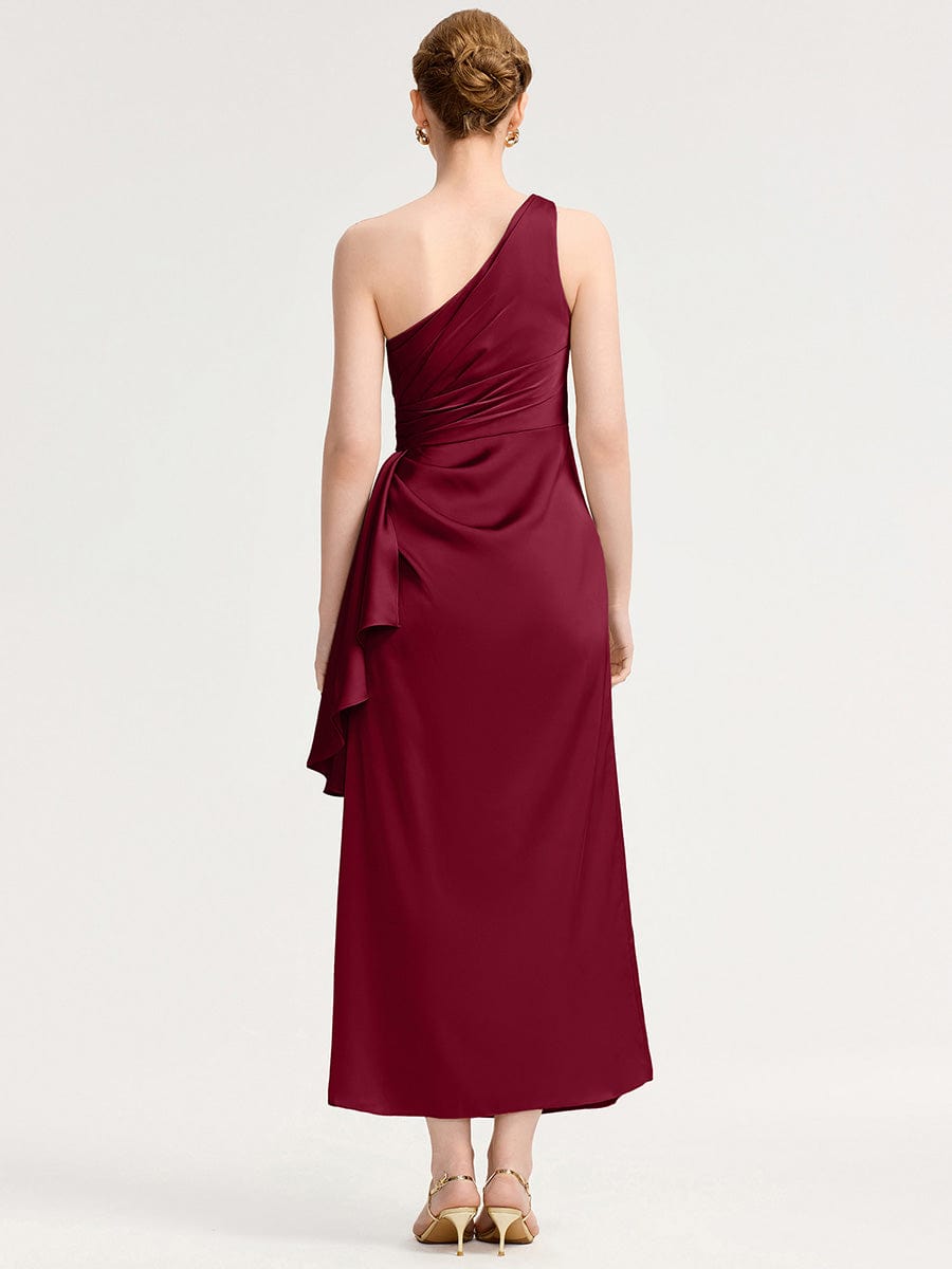 One Shoulder Ruched Satin Bridesmaid Dress #color_Burgundy