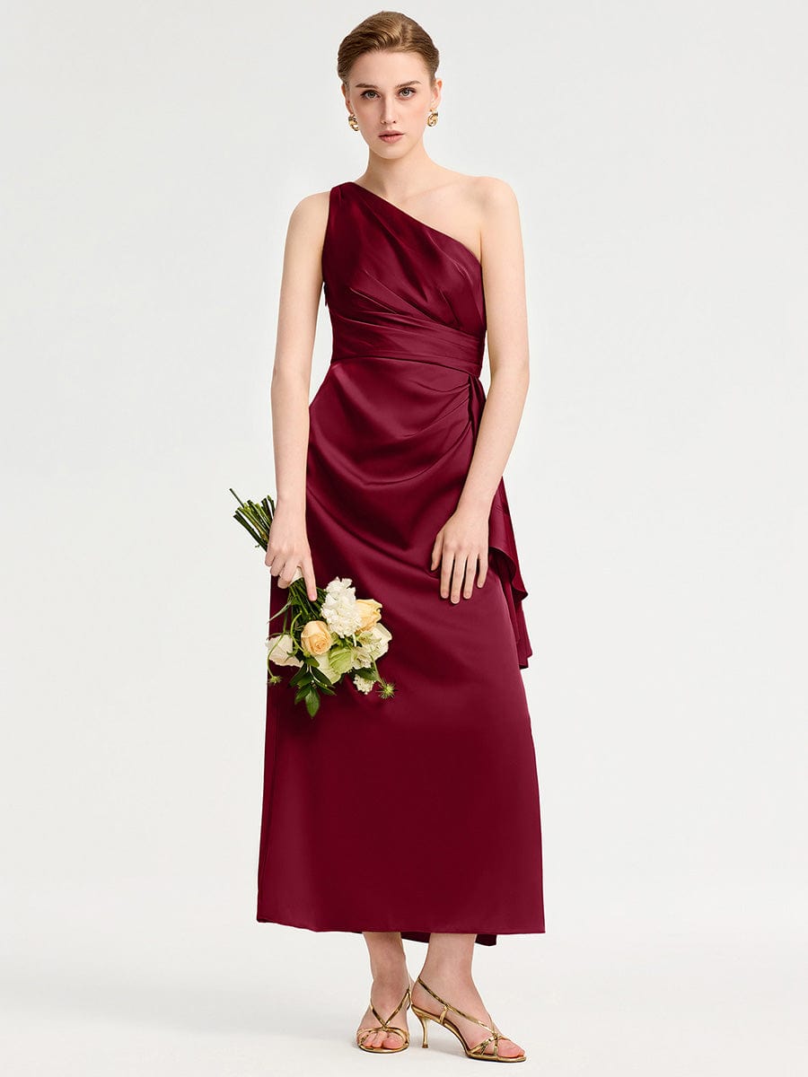 One Shoulder Ruched Satin Bridesmaid Dress #color_Burgundy