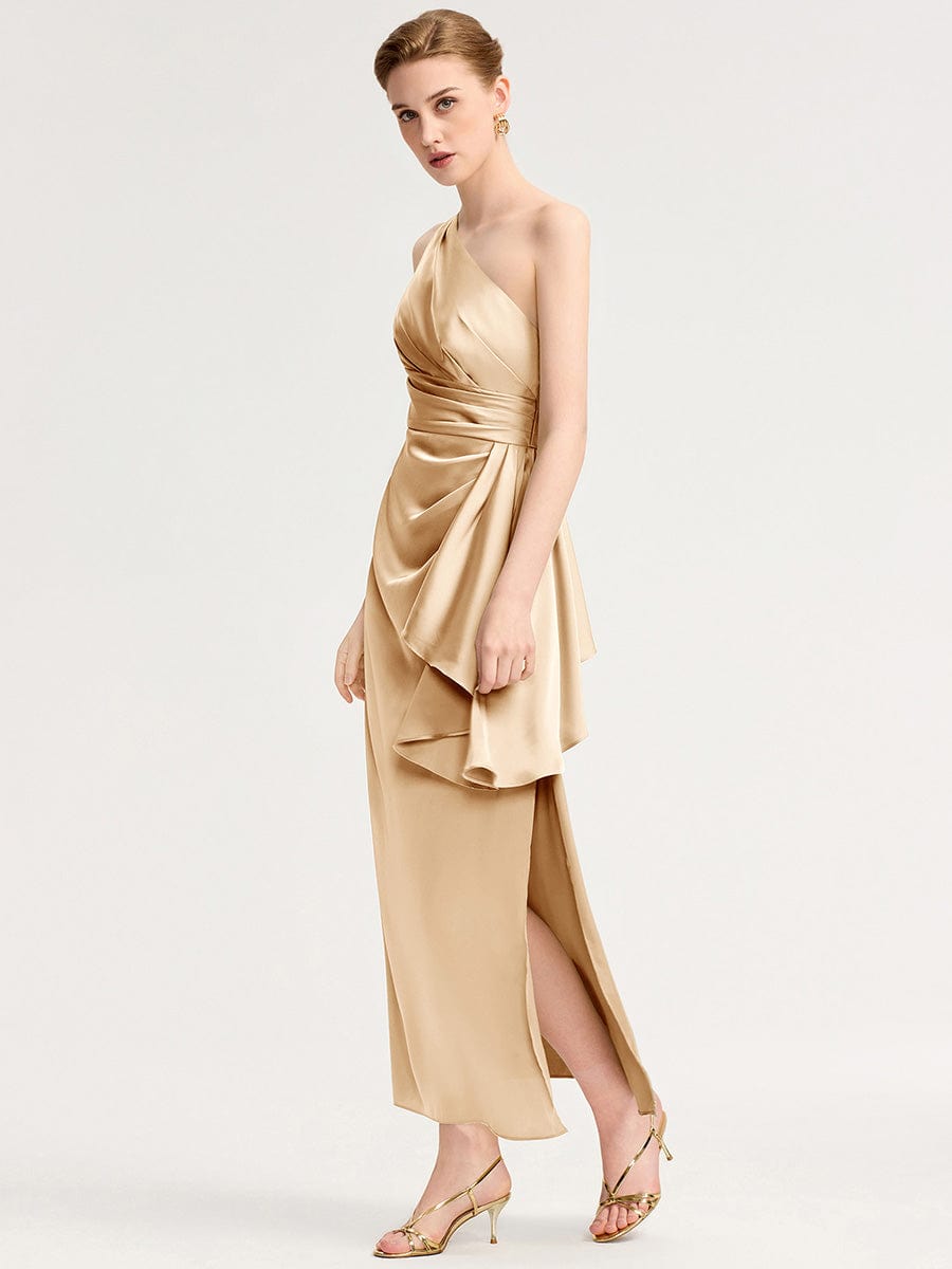 One Shoulder Ruched Satin Bridesmaid Dress #color_Champagne