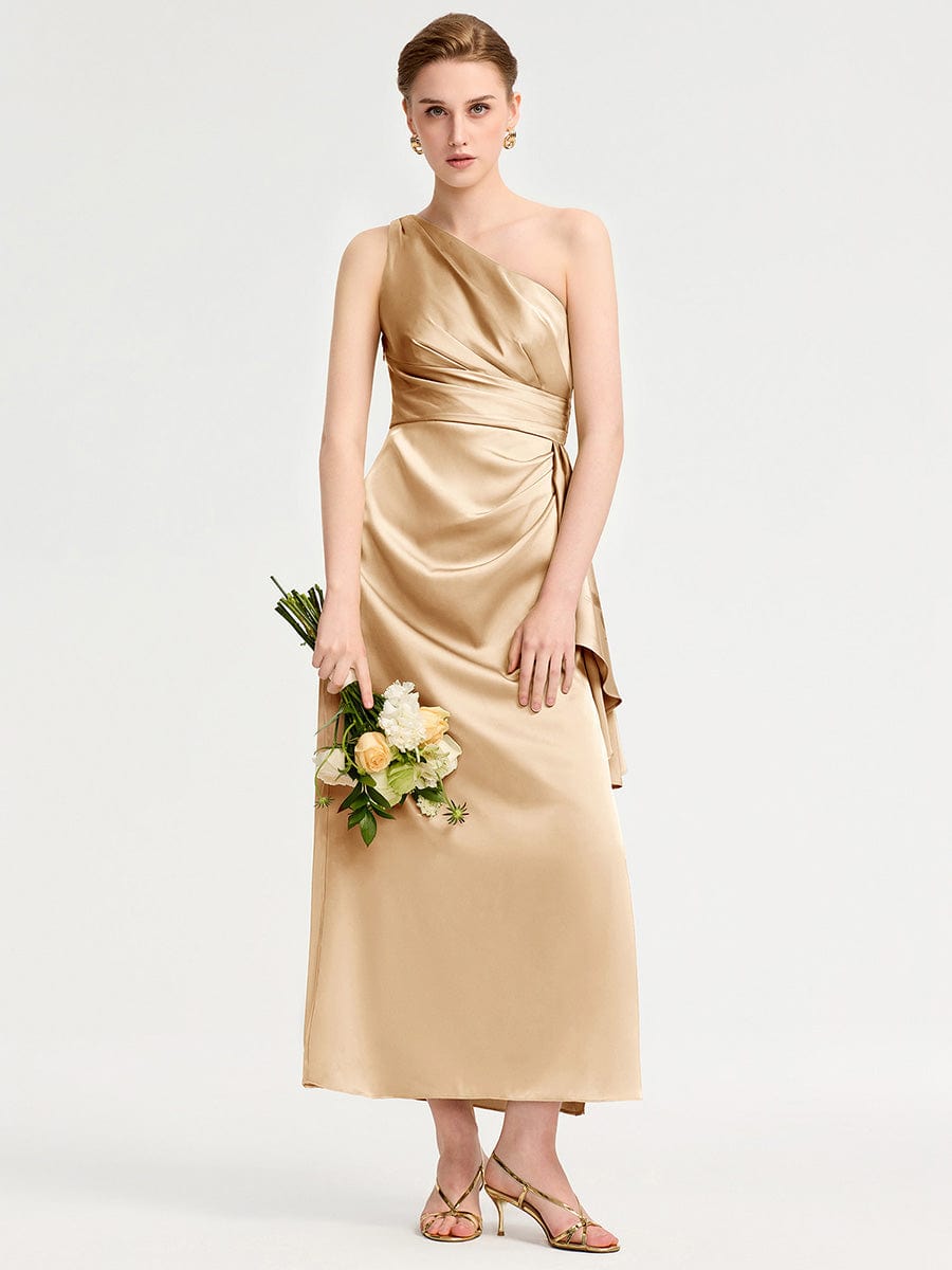 One Shoulder Ruched Satin Bridesmaid Dress #color_Champagne