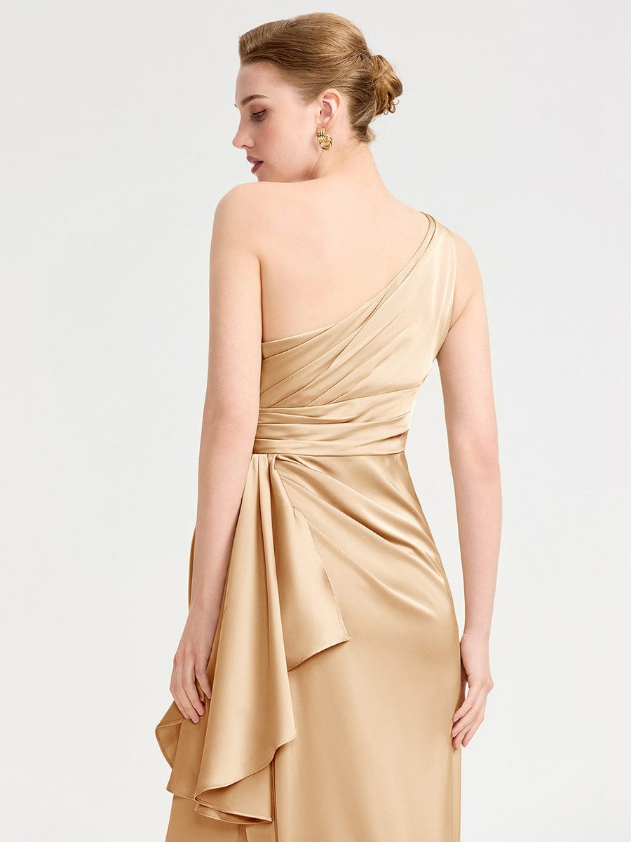 One Shoulder Ruched Satin Bridesmaid Dress #color_Champagne