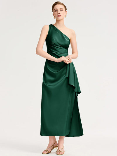 One Shoulder Ruched Satin Bridesmaid Dress #color_Dark Green