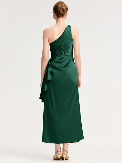 One Shoulder Ruched Satin Bridesmaid Dress #color_Dark Green