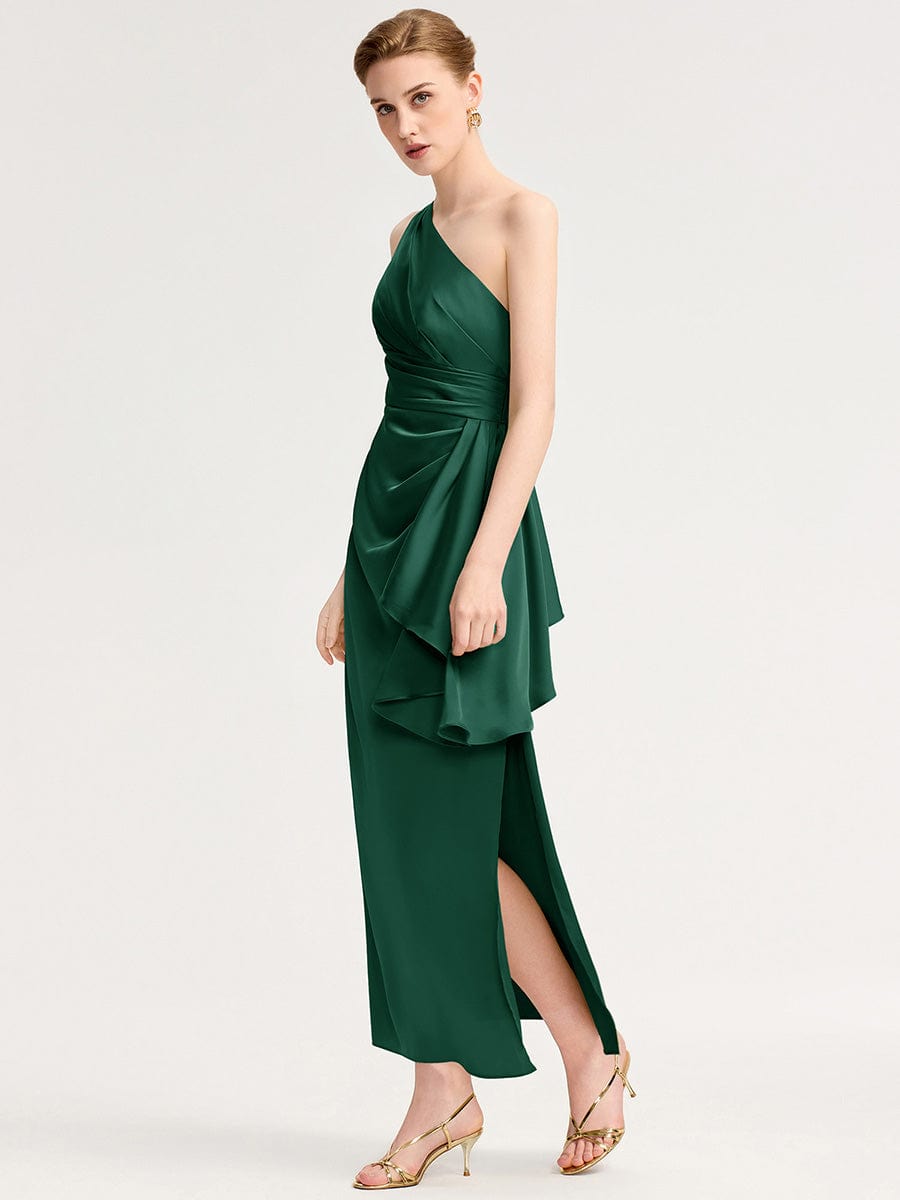 One Shoulder Ruched Satin Bridesmaid Dress #color_Dark Green