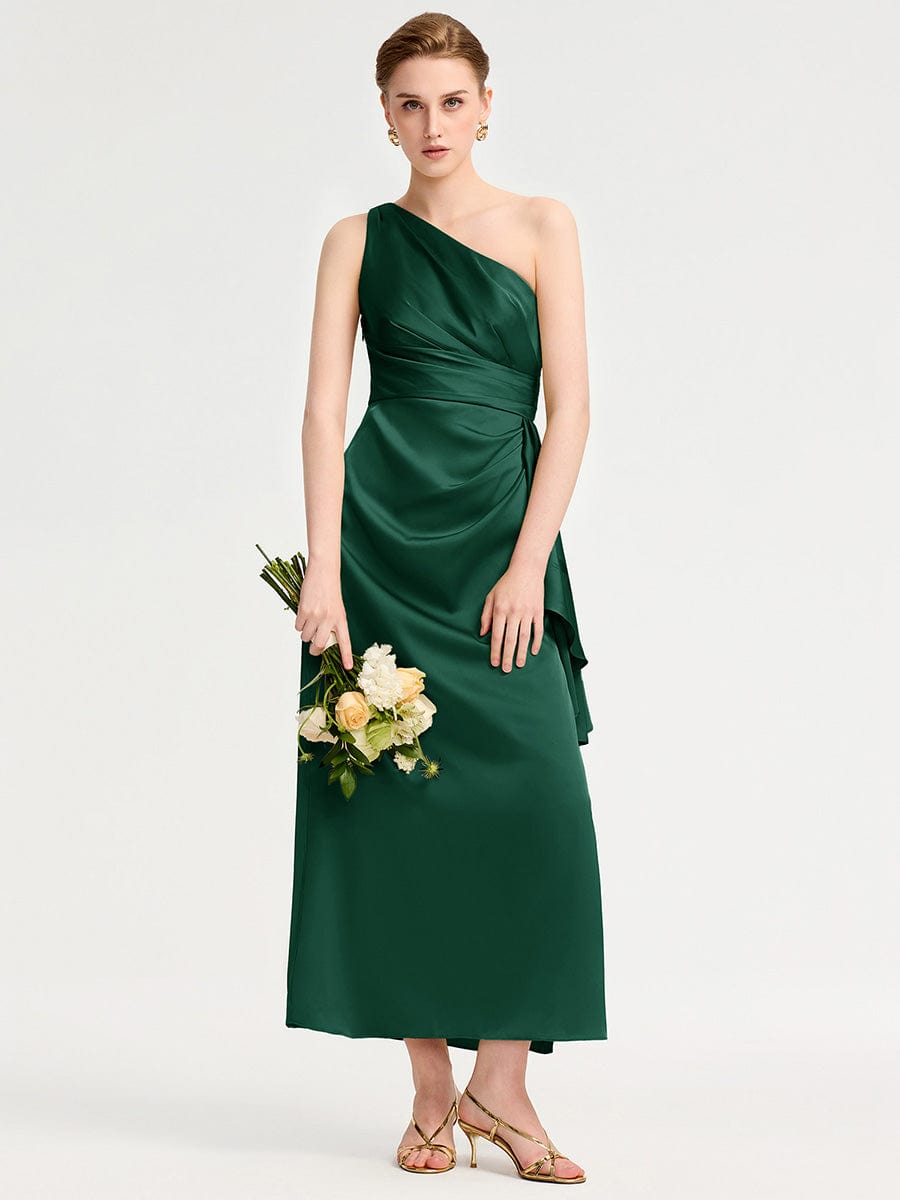 One Shoulder Ruched Satin Bridesmaid Dress #color_Dark Green