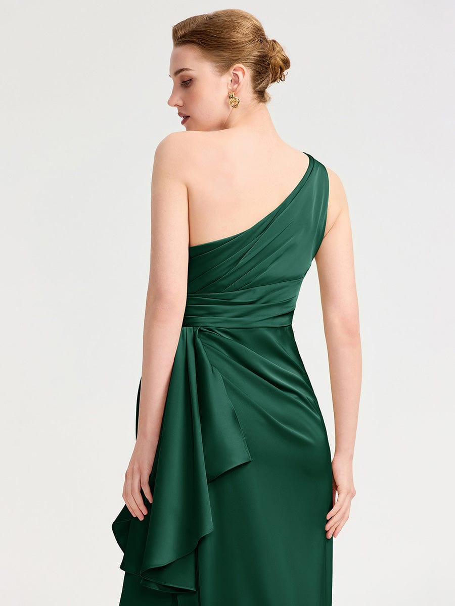 One Shoulder Ruched Satin Bridesmaid Dress #color_Dark Green