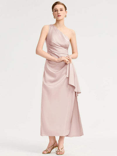 One Shoulder Ruched Satin Bridesmaid Dress #color_Pink