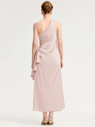 One Shoulder Ruched Satin Bridesmaid Dress #color_Pink