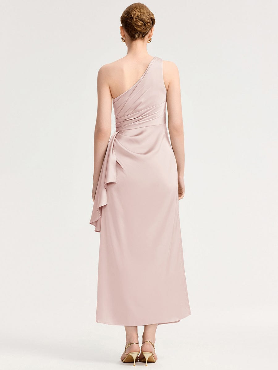 One Shoulder Ruched Satin Bridesmaid Dress #color_Pink