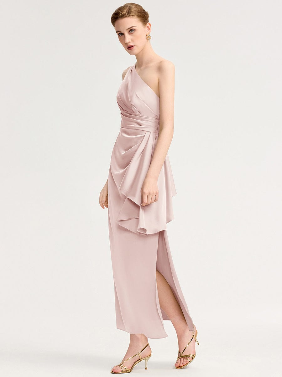 One Shoulder Ruched Satin Bridesmaid Dress #color_Pink
