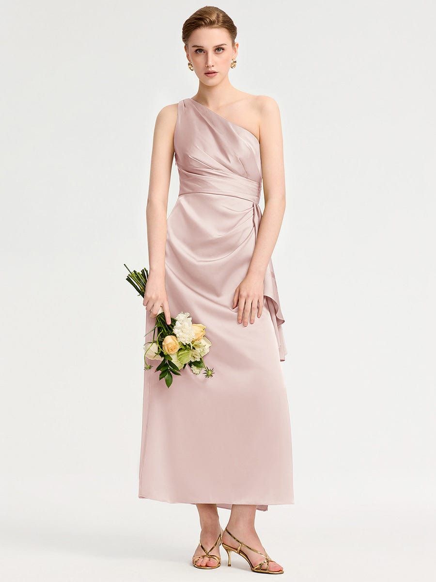 One Shoulder Ruched Satin Bridesmaid Dress #color_Pink
