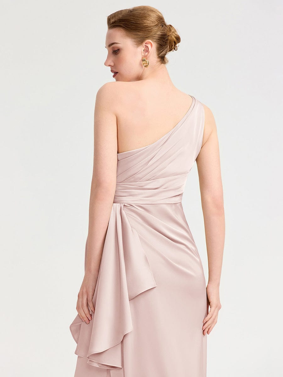 One Shoulder Ruched Satin Bridesmaid Dress #color_Pink