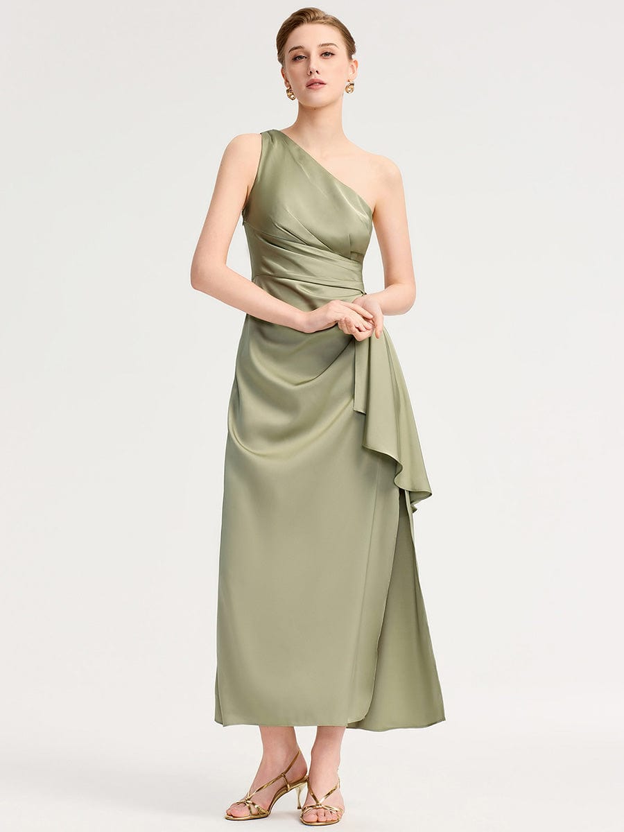 One Shoulder Ruched Satin Bridesmaid Dress #color_Sage Green