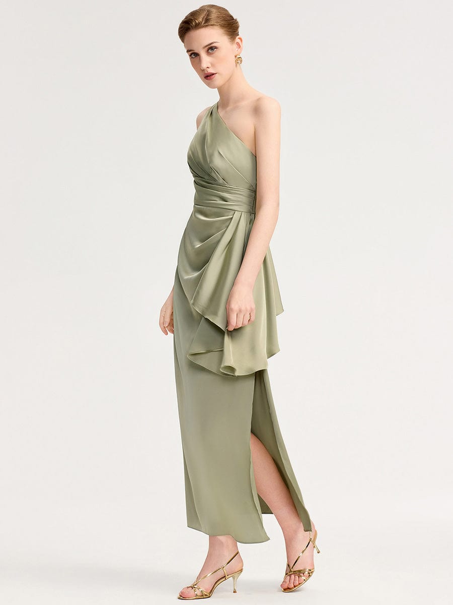 One Shoulder Ruched Satin Bridesmaid Dress #color_Sage Green